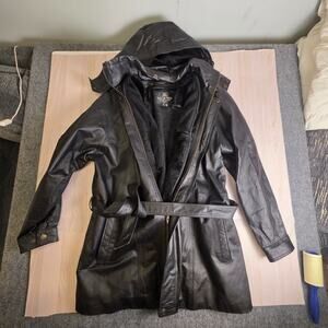 Oscar Piel Perfect Leather Long Coat Black Faux Fur Lined Snap Zip Belted - XL